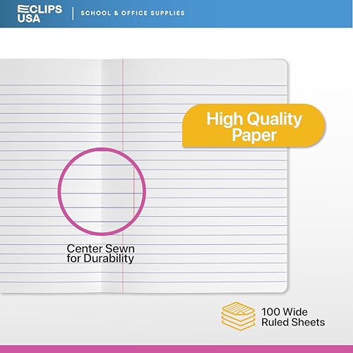 E-CLIPS USA Wide Ruled Composition Notebook Wide Ruled Hardcover Notebooks for School Supplies Notebooks Bulk Hardcover Notebook Pastel 100 Sheets 200 Pages 9.75” x 7.25” (48 Pack, Wide Ruled)