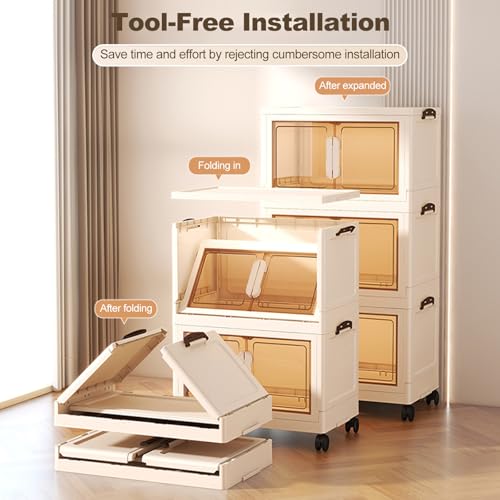 Ergocar Storage Box, Magnetic double opening door large -capacity locker，Transparent Stacking Plastic Storage Boxes with Pulley, for Bedroom, Living Room, Office and Kitchen
