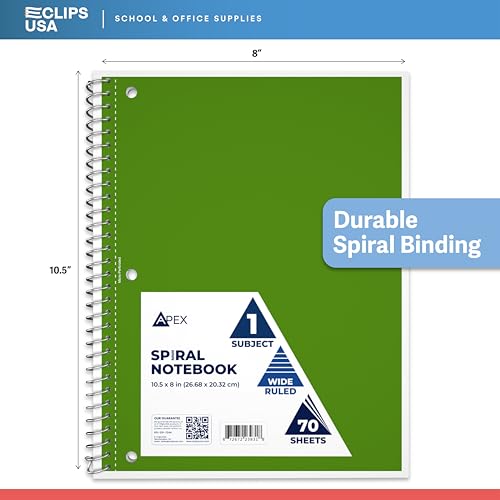 VEEBOOST Wide Ruled Spiral Notebooks Bulk Spiral Bound Notebooks for Work 1 Subject Notebook 6 Color Assortment 3 Hole Perforated 70 Sheets 140 pages 10.5" x 8" (48 pack)