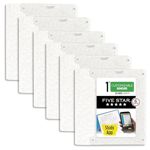 Five Star 3-Ring Binder + Study App, 6 Pack, 1 Inch Binder with D Rings and Customizable Clear View Cover, 225 Sheet Capacity, White (261440B-ECM)