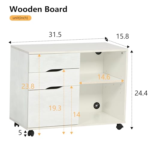 PayLessHere Lateral File Cabinet with 3 Drawers | Rolling Filing Cabinets Under Desk Storage with Wheels | Printer Stand Wood Organizer with Adjustable Shelf for Home Office Small Space, White