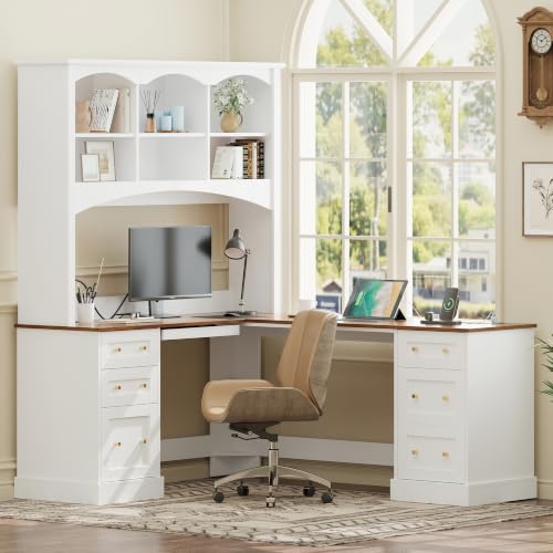 roomfitters L Shaped Computer Desk with Arched Hutch, Farmhouse Corner Writing Workstation Dual Charging Station, White