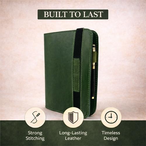 TheAntiq Genuine Leather A5 Journal Cover Green – Handcrafted Leather Notebook Sleeve with Elastic Strap Closure, Pen Holder & Pocket, Refillable Writing Organizer for Travel Office 5.75 x 8.25