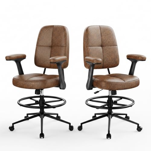 Marsail Drafting Chair with Flip-Up Armrests and Footrest, Ergonomic Tall Office Chair, Height Adjustable High Chair, Brown Leather Seat with Thick Cushion, 360° Swivel, Pack of 2