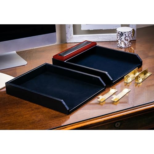 Dacasso Mahogany/Rosewood & Black Leather Double Letter Tray Set w/Gold Stacking Posts - Luxury Executive Decor and Office Essential - Desk Surface Protector