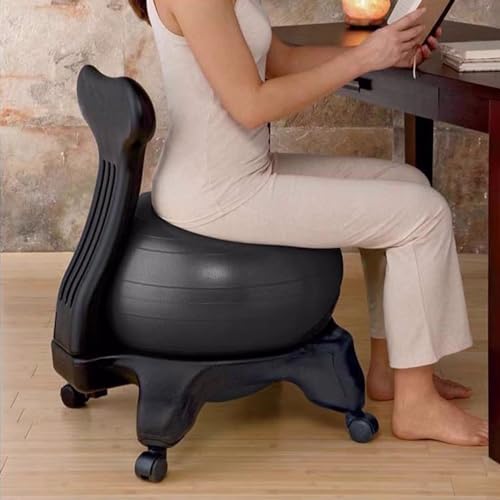 EXCLURA Ergonomic Yoga Ball Chair for Adults, Balck Stability Ball with Wheels ＆ Back, Exercise Ball Chair Strength Posture Anti-Burst Ball