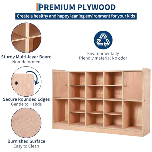 Mobile Cubby Storage with 2 Doors, Storage Organizer Cubes with 2 Anti-Flip Fittings&4 Castors, Cubby Shelf for Home, School, Kindergarten, Classroom Furniture, Stationary Organizer, Natural Finish