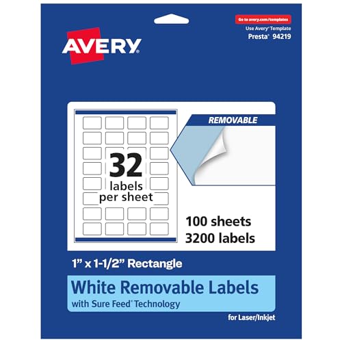 Avery® Matte White Removable Rectangle Labels, Sure Feed® Technology, Print-to-The-Edge, 1" x 1.5", 3,200 Removable Labels, Laser/Inkjet Printable