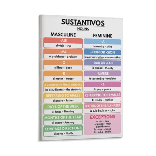 WBCNG Spanish Language, NOUNS POSTER, Grammar Chart, Spanish Classroom, Educational D - Canvas Poster Bedroom Decor Sports Landscape Office Room Decor Gift Frame-style 20x30inch(50x75cm)