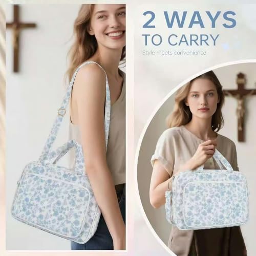 Personalized Chenille Letter Bible Cover with Shoulder Strap (Blue Floral)
