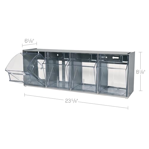 Deflecto Four-bin horizontal tilt bin storage system, 23-5/8w x 6-5/8d x 8-1/8h, Gray (20409B1PK)