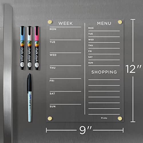 Visibly Magnetic Acrylic Meal Planner, Menu & Shopping List Board for Fridge, 9” x 12” Clear Refrigerator Organizer, Includes 4 Magnetic Wet-Erase Markers, Silver Corner Magnets