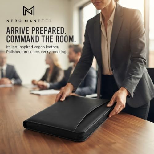 NERO MANETTI- Zippered Vegan Leather Padfolio/Portfolio Pad Holder-Business PU Leather Notepad Folder for Resumes, Interviews, iPad/Tablet, Phone, Legal Pad Notebook Executive Binder for Women, Men