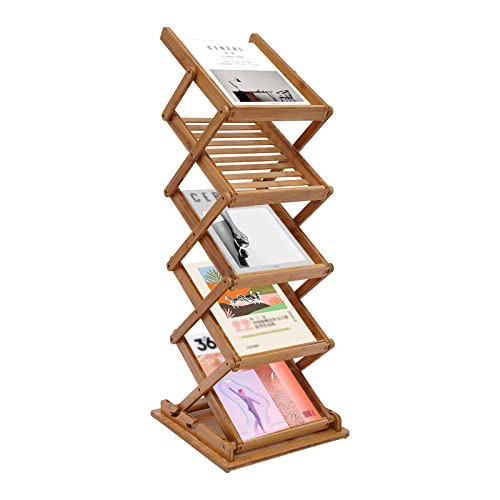 WoopJeem Foldable Magazine Rack, 5 Layer Brochure Display Stand, Bamboo Portable Pop-up Display Holder Stand, Light Weight Literature Rack for Library, Tourist Attraction, Showroom, Office