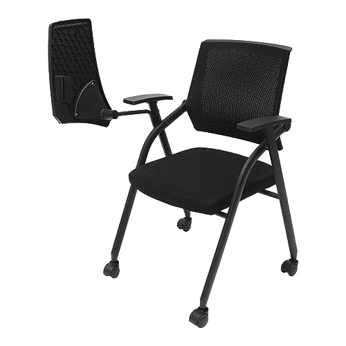 Eleeferri Chair with Desk Attached Foldable Guest Reception Chairs with Caster Wheels and Foldable Right Handed Tablet Arm for Office School Classroom Conference Waiting Room Black