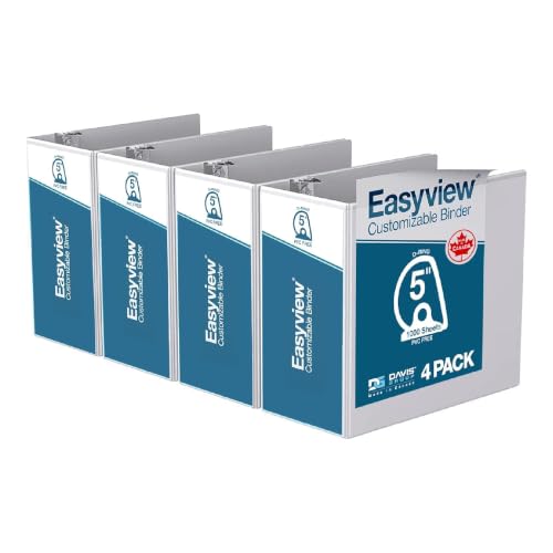 Easyview Premium 3-Ring Binder, Clear-View Cover, 5" D Rings, White, 4 Pack