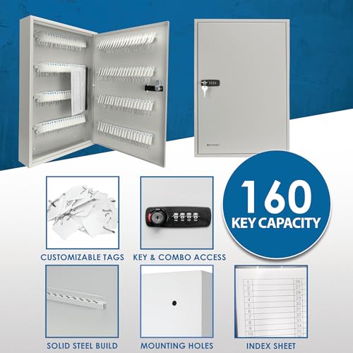 Barska Steel 160 Key Safe Cabinet with Combination and Key Lock Box, Grey