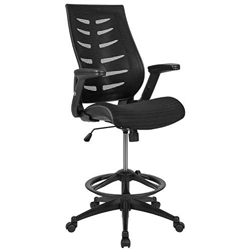 BizChair High Back Black Mesh Spine-Back Ergonomic Drafting Chair with Adjustable Foot Ring and Adjustable Flip-Up Arms