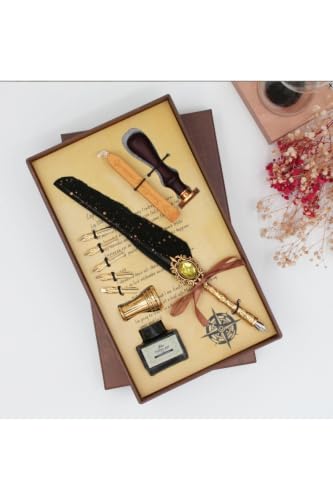 SODEF Traditional Calligraphy Divit Inkwell Set with Feather Pen, Metal Nib, Wax Seal & VIP Gift Box - Ottoman Divit Inkwell Set