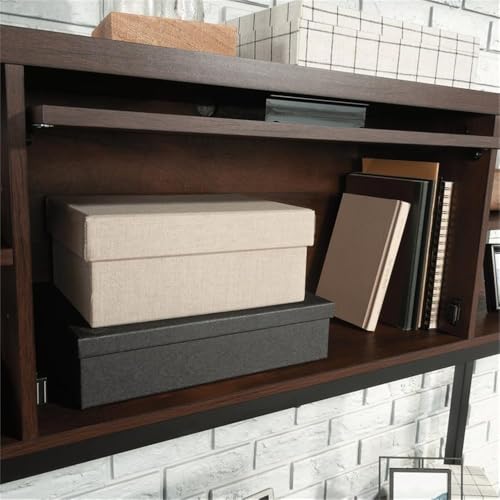Pemberly Row Contemporary Hutch, 60 in Wide, Engineered Wood and Metal, Barrel Oak Finish, Attaches to Computer Desk, Barrister Door, 2 Adjustable Shelves, Office Storage Organizer