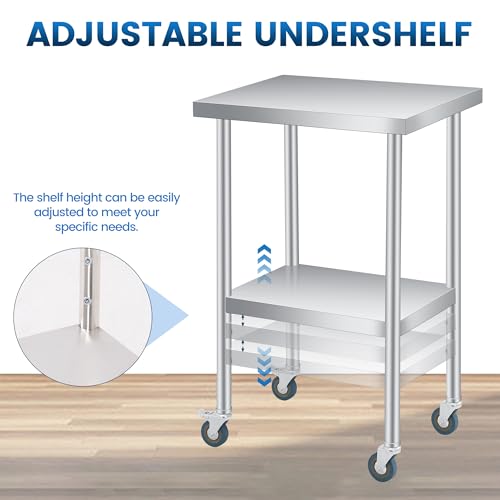 COZONY Stainless Steel Table, 24" x 24" Heavy Duty Worktable with Adjustable Undershelf and Locking Casters, 2 Tier Metal Prep Table for Commercial Kitchen, Restaurant, Garages