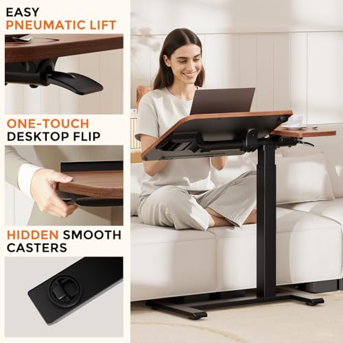 COMHOMA Tiltable Mobile Small Standing Desk, Pneumatic Adjustable Height Overbed Bedside Table with Wheels, Sit Stand Portable Rolling Laptop Desk Computer Workstations, Walnut