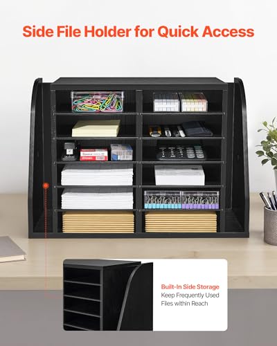 VEVOR Literature Organizer, 12 Compartments Office Mailbox with Side Vertical Storage, Wooden Mailbox Sorter Made of Particle Board, Countertop Office Home Organizer for File, Document, Paper, Black