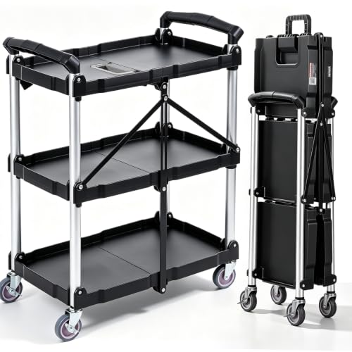 VEVOR Foldable Utility Service Cart, 165LBS 3 Shelf Heavy Duty Plastic Rolling Cart with 360° Swivel Wheels (2 with Brakes), Ergonomic Handle, Portable Garage Tool Cart for Warehouse Office Home