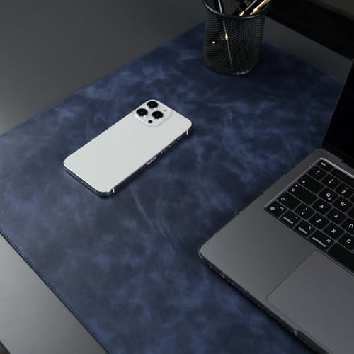 TORONATA Jersey Genuine Calfskin Leather Desk Pad, Office Desk Mat with Non-Slip Bottom, Smooth Surface for Mouse & Keyboard, Desk Protector (14.6x31.5 inches) (Navy)