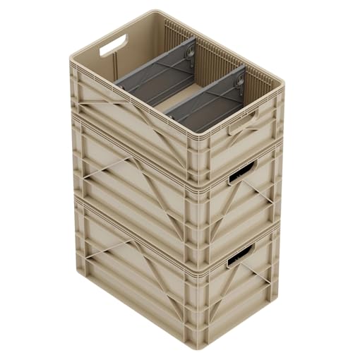 SIDIO Basic Pack, Heavy Duty Stackable Storage Bins with Dividers, Tan