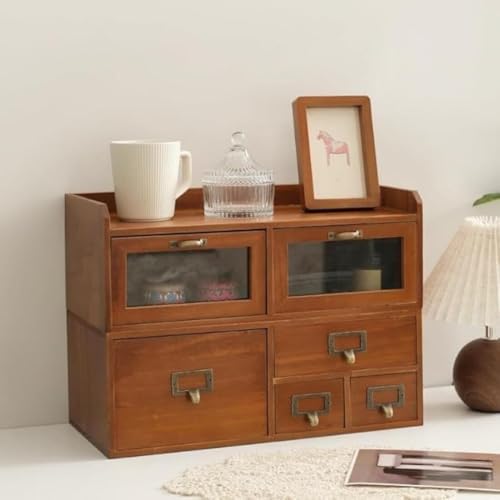 KUYBTU Vintage Brown 6-Drawer Desktop Organizer Wood Storage Cabinet with Acrylic Doors Desk Supplies Organizer for Office Living Room Heavy Duty-6-Drawer