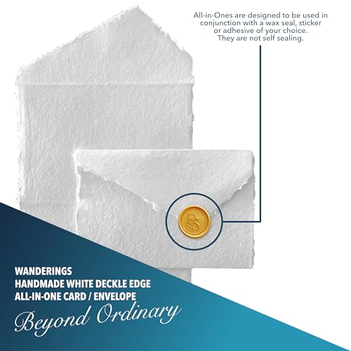 Wanderings Handmade White Deckle Edge All-in-One Card Envelopes - 4" x 6" - Package of 25 - for Announcements Wedding Invitations Greeting Cards Crafts - 150 GSM