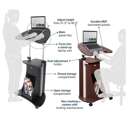 Pemberly Row Sit-to-Stand Rolling Laptop Cart, MDF Wood and Steel, Chocolate Finish, Adjustable Height 31.5-45.5 in, Tilting Desktop with Storage, Locking Casters, Mobile Workstation for