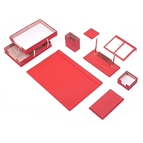 MOOGCO Red Leather Desk Set - Desk Pad - Note Paper Holder -Pen Holder - Leather Coaster -Desk Accessories- Desk Organizer - Office Desk Accessories - Desktop Storage,RED (10PCS-DOUBLETRAY)