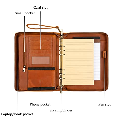 GZRHKJ A5 Genuine Leather Portfolio Notebook Binder, 6 Ring Binder Notebook Portfolio, Refillable Notebook A5 Planner Binder with Binder Pockets (Standard,Brown)
