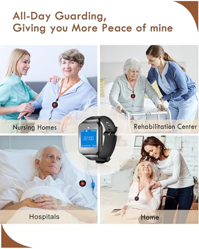 CallToU Wireless Caregiver Pager Smart Call Button Vibration System 500+ ft Nurse Call Bell Alert System for Elderly Monitoring Clinic/Medical Institution/Nursing Home 1 Wrist Receiver 5 SOS Buttons