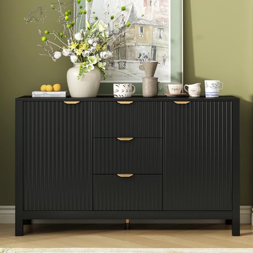 roomfitters Artistic Wave Design Sideboard, Luxury Matte Black 3-Drawer Credenza, Contemporary Soft-Close Storage Console Table with Aluminum Handles