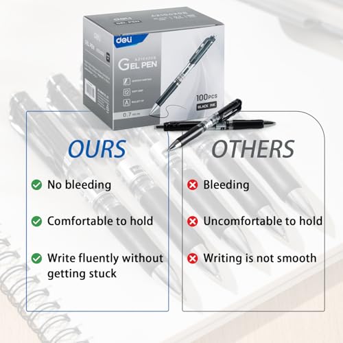 deli Gel Pens, 100 Pcs Retractable Pens Black Ink, Medium Point Pen 0.7mm