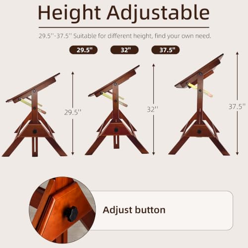 Stuelloaf Walnut Solid Wood Adjustable Drafting Table, Art Drawing Desk