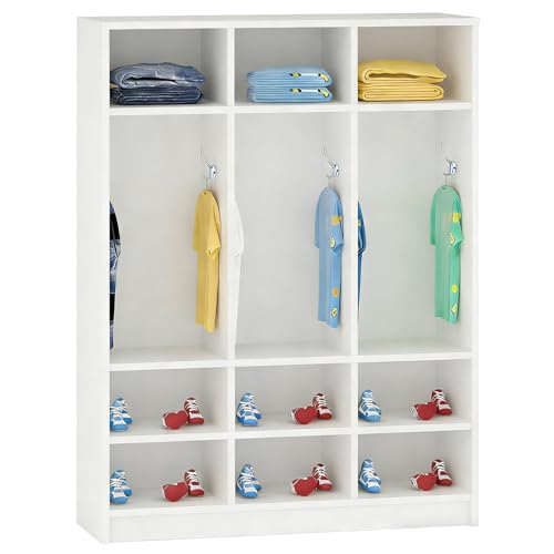 LHIUGE 3-Section Classroom Coat Locker,Kids Cubby Storage Organizer with 9 Cubbies,Wooden Lockers with 6 Hooks,Classroom Cubbies for Home, Office, School, Kindergarten