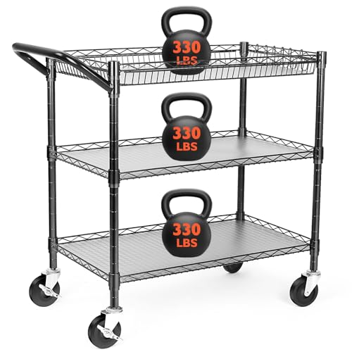 BolDuck Heavy Duty Utility Cart, 990Lbs Capacity 3 Tier Rolling Carts with Wheels, Kitchen Cart on Wheels with Storage, Commercial Grade Metal Serving Carts with Wire Shelving &Handle Bar, Black