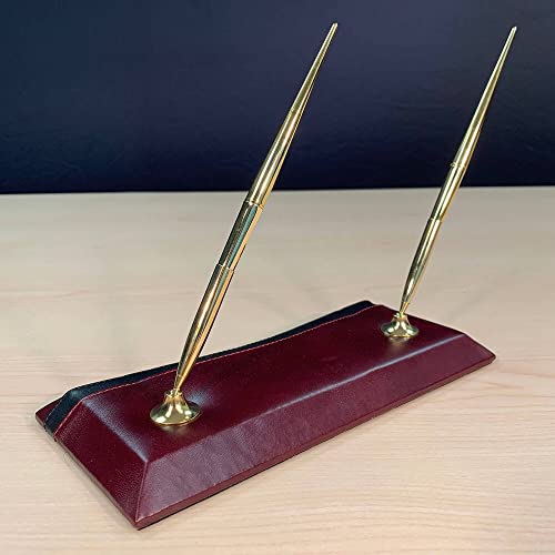 Dacasso Burgundy Leather Double Pen Stand with Gold Trim