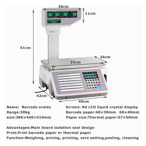 USZWBY Electronics Label Printing Scale,Commercial Digital Weighting Price Printer Scale,30Kg/66.14 Lbs Capacity,Cash Register,LCD Display,for Supermarket/Reta