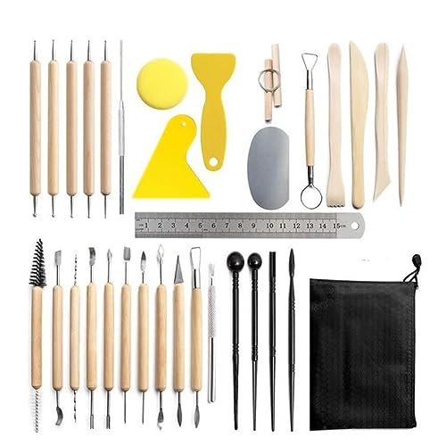 TXGJWRA 32 Pcs with Bag Ceramic Wax Clays Carving Tools Pottery Sculpting Modeling Tool Set Pottery Clay Sculpting Tools (D Light Grey)