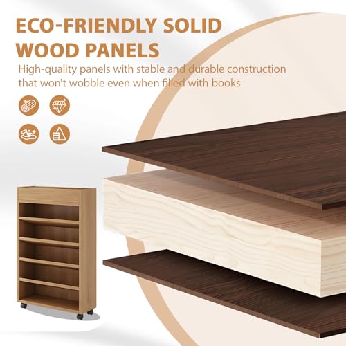 Wooden Book Cart, Multi-Layer Rolling Book Carts, Mobile Bookshelf with Wheels, Large Capacity Storage Rack for Office, Study, Living Room, Bedroom