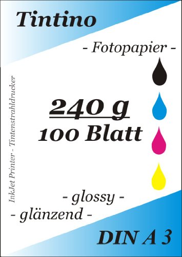Tintino 100 Sheets A3 High Gloss Photo Paper for Inkjet Printers - Fast Drying Waterproof 240gsm High Gloss Photo Paper - Brilliant White - A3-100-240