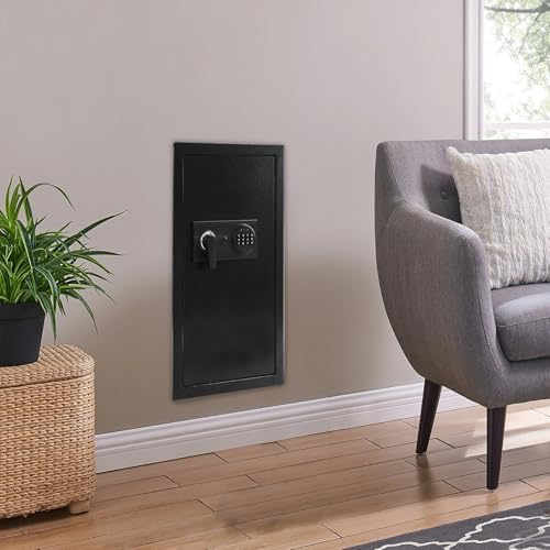 Steel Safe and Lock Box, Heavy Duty Wall Safe with Alarm, Digital Keypad Safe Box for Money, Jewelry, Document, Passport, 3.94"D x 14.57"W x 25.59"H, Black