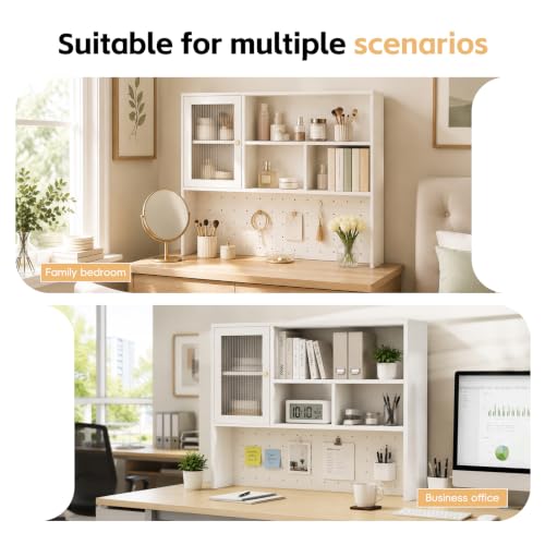 LINLIUA Desktop Bookshelf, Desk Hutch Dorm with Pegboard, Desk Shelves for Top of Desk, Wood Desktop Storage Rack with Cabinet Door, Countertop Bookcase for Office Dorm Home Study