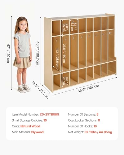 VEVOR 8-Section Coat Locker with Bench, Kids Lockers with 16 Hooks & Non-Slip Mat, Classroom Cubbies for Daycare, Home, Kindergarten- Natural