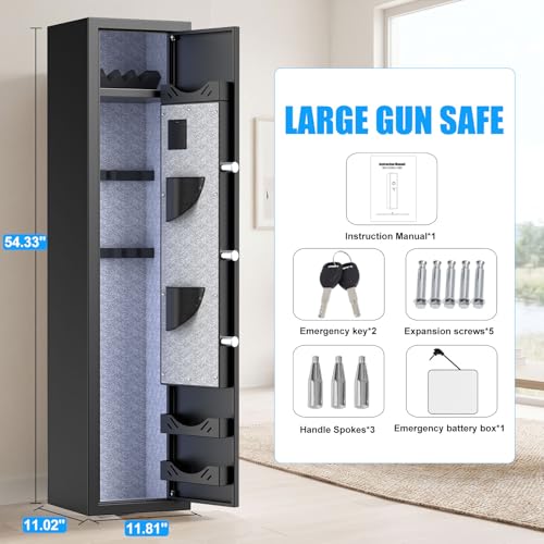 Pacriond 54'' Gun Safe, 3-5 Gun Safe for Rifle and Pistols, Quick Access Biometric Gun Cabinet with Dual Alarm and Mute Function, Fingerprint Rifle Safe with Removable Shelf and Backlit Keypad